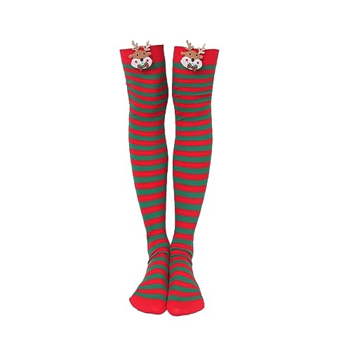 Fulenyi Weihnachten Kniestrümpfe | Sportsocken Lang Elfen Kniestrümpfe - Lustige Neuheit Urlaub Socken für Halloween Cosplay Par, Rote und grüne Streifen + Elchpuppe, 1 von Fulenyi