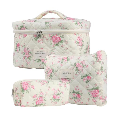 Kosmetiktasche Damen Mit Blumenmuster Florales Bedruckte Make Up Tasche Aus Baumwolle 3 Teiliges Kosmetiktaschen Set Reise Kosmetiktasche Kulturbeutel Organizer Kulturtasche Mit Reißverschluss von Fulenyi