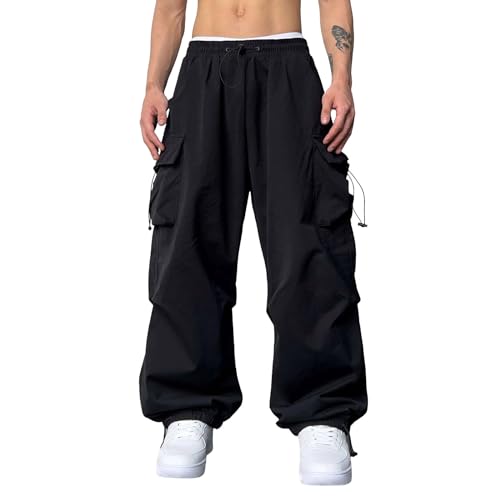 Cargohose Herren Baggy Freizeit Baggy Parachute Pants Anglerhose Lässig Modern Fallschirmhose Cargohose Schwarz Lange Cargo Hose Freizeithose mit Tunelzug und Seitetaschen Tainingshose Trekkinghose von Fulidngzg