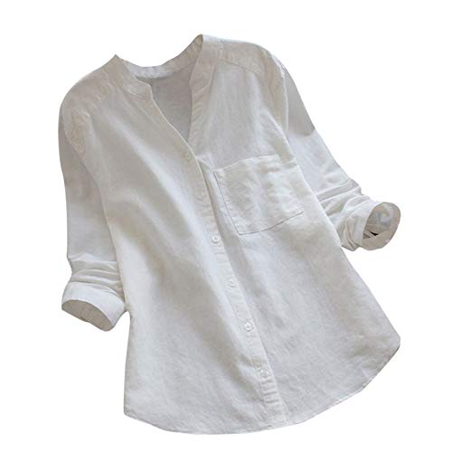 Damen Leinenbluse Weiß Langarm Frühling Stehkragen Button Leinenhemd V-Ausschnitt Sommer Shirt Einfarbig Oversize Longbluse Hemdbluse von Fulidngzg
