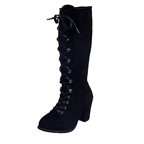 Damen Stiefel mit Absatz Elegant Plateau Reitstiefel Winterschuhe High Boots Schnürung Kniehohe Stiefel Langschaftstiefel Vintage Warme Cowboystiefel Winterstiefel High Heels Lange Hohe Stiefel von Fulidngzg