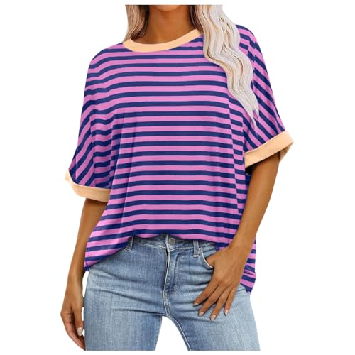 Damen T-Shirt Extra Lang Rundhals-Ausschnitt Gestreifte Longbluse Große Größen Leichtes Y2k Tops Loose Elegant Longshirt Baumwolle XXL Sportshirt Kurzarm Locker Basketball Shirt Lässig Sommerbluse von Fulidngzg