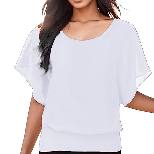 Damenblusen Sommer: Locker Weiss Tshirt Oversize Chiffon Große Größen Tunika mit Gummizug Am Saum Oberteile Kurzarm Festlich Elegant Blusen Festliche Fledermaus Hawaii Hemd Shirt von Fulidngzg