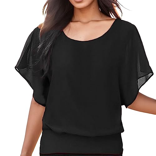 Fledermaus Shirt Damen: Kurzarm Schwarz Bluse Sommer Yoga T Shirts mit Gummizug Am Saum Chiffon Shirt Festlich Locker Oberteile Made in Italy Große Größen Fledermaus Tshirt Tunika von Fulidngzg