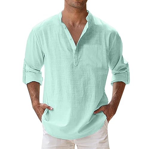 Freizeithemden für Herren mit Tasche Schwarzes Langarmshirt Leichtes Boho Style Stehkragenhemd Henley Shirt Outdoor Strand Sommerhemd Baumwollhemd Casual Slim Fit Herrenhemd von Fulidngzg