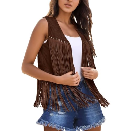 Fulidngzg 70 er Jahre Kleidung Damen Cowgirl Festival Outfit Weste Country Piraten Faschingskostüme Mode Ärmellos Fransenweste Hippie Schlagerparty Braun Western Disco Bolero von Fulidngzg
