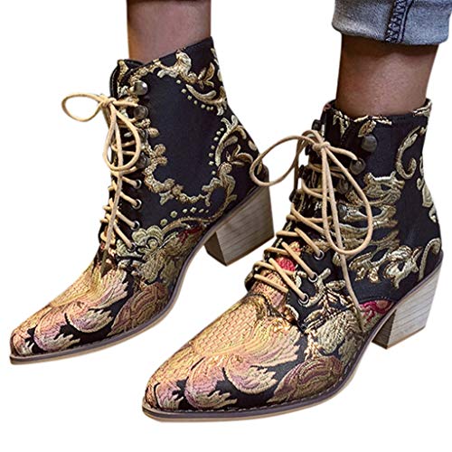 Fulidngzg Ankle Boots Damen mit Absatz Zum Schnüren Schuhe Winterschuhe Chelsea Boot Stiefel Vintage Knöchelstiefel Cowboystiefel High Heels Elegant Fersenstiefel Winterstiefel Stiefeletten von Fulidngzg