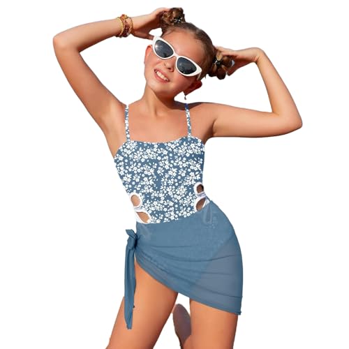 Fulidngzg Badeanzug Mädchen Einteiliger mit Verstellbaren Schultergurten, Modisches Design Kinder Bikini, Einfarbiger Abdeckrock Schwimmanzug Teenager 8-16Jahre von Fulidngzg