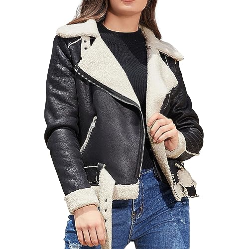 Fulidngzg Bikerjacke Damen Leder Military Lederimitat Jacke Bikerjacke Kurz Übergang Lederjacke Motorradjacke Gefüttert Vintage Kunstlederjacke Steppjacke Gothic Übergangsjacke von Fulidngzg