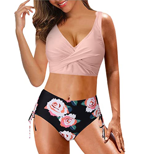 Fulidngzg Bikini Damen High Waist Sexy Crossover Strapse Retro Print Zweiteilige Sexy Sommer Sportlich Push Up mit Körbchen Gepolstert Bikinitop Beachwear Strandmode von Fulidngzg