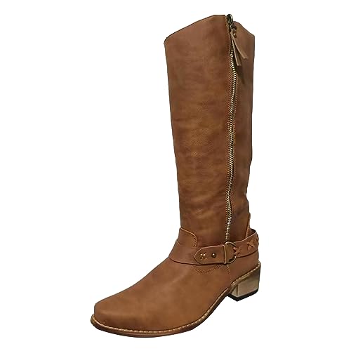 Fulidngzg Cowboy Boots Damen Trachten Stiefel Leder Cowboystiefel mittelalter Hohe Cowboy Boots Westernstiefel mit Absatz Elegant Biker Boots Damenstiefel Festival 70er Jahre Herbst Winter Heel von Fulidngzg