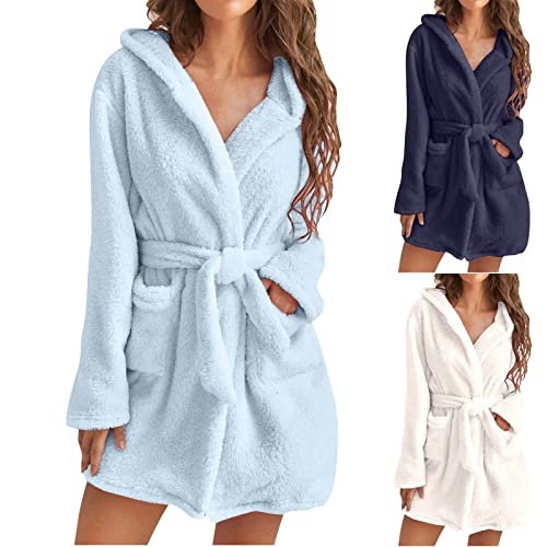 Fulidngzg Damen Bademantel mit Kapuze Lang Morgenmantel Frotteekleid Fleece Baumwolle Bathrobe Bademantel Frottee Weicher Waffelpique Saunakilt Leicht Sauna Große Größen Hausmantel von Fulidngzg