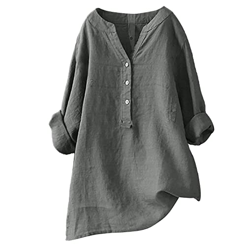 Fulidngzg Damen Leinenbluse Weiß Langarm Frühling Stehkragen Button Leinenhemd V-Ausschnitt Sommer Einfarbig Oversize Shirt Longbluse Hemdbluse von Fulidngzg