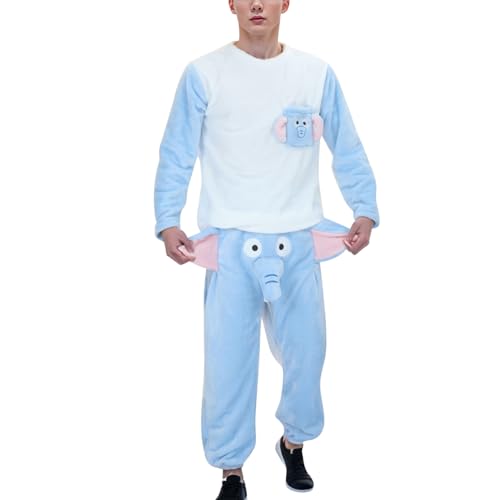 Fulidngzg Elefanten Schlafanzug Herren mit Rüssel Lustig Loungewear Kuschelanzug Unisex Lang Partner Pyjama Tiermotive 2-Teilig Elefanten Hose Hausanzug Langarm Locker Freizeitanzug von Fulidngzg