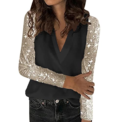 Fulidngzg Festliche Oberteile Damen Sexy Herbst Winter Silvester Oberteil Weiß Casual Glitzer Bluse mit Langarm Outfit Pailletten Pullover von Fulidngzg