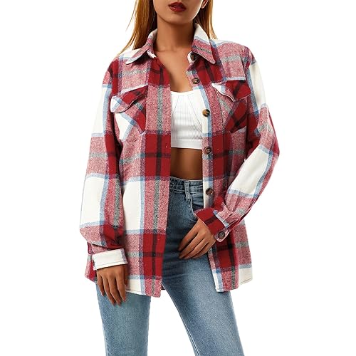 Fulidngzg Flanellbluse Damen mit Knopfleiste 2023 Hemdjacke Karohemd Langarm Mode Flanellhemd Hemd Große Größen Karierte Hemdbluse Cordhemd Herbst Lang Rote Cordjacke Holzfällerhemd von Fulidngzg
