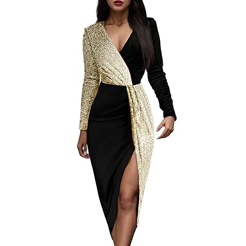 Fulidngzg Glitzer Kleid Langarm Damen Party Abendkleider Pailettenkleider Vintage Pailletten Glitzerkleid Silvesterkleid Schöne Winter Partykleid Cocktailkleid Schick Wedding Damenkleid Brautkleider von Fulidngzg