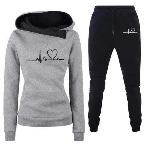 Fulidngzg Heartbeat Jogginganzug Damen Herbst Winter Gefütterte 2 Teiler Hoodie Kuschelig Freizeit Sportanzug Hausanzug Elegant Y2K 2023 Trainingsanzug Große Größen Fitness Zweiteiler von Fulidngzg