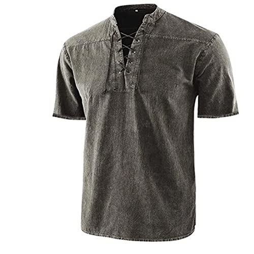 Fulidngzg Herren Leinenhemd Sommer Piratenkostüm Römer Slim Fit Historische Kettenhemd Cosplay Gothic Sommerhemd Steampunk Vintage Tunika Kurzarm Blanc Du Nil Wikinger Leinen Hemd Mittelalter Hemd von Fulidngzg
