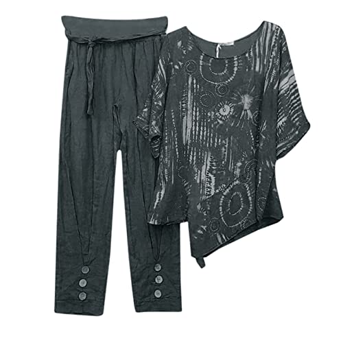 Fulidngzg Hosenanzüge Für Damen Locker Leinen Änzuge Jumpsuit Sommer Leinenbluse Und Leinenhose Sportlich Große Größe Zweiteiler Jogginganzug Modern Hosenanzug Streetwear Overall Freizeitanzug von Fulidngzg