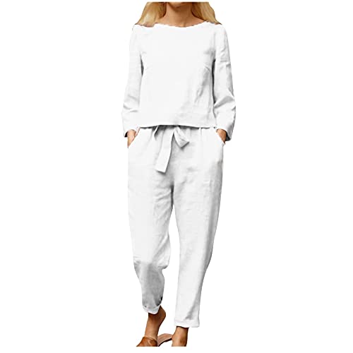 Fulidngzg Jumpsuits Für Damen Leinen Änzuge Hausanzug Suits Streetwear Hosenanzug Locker Loungewear Set Zweiteiler Große Größe Leinenbluse Und Leinenhose Leinenhemd Elegant Overall Freizeitanzug von Fulidngzg