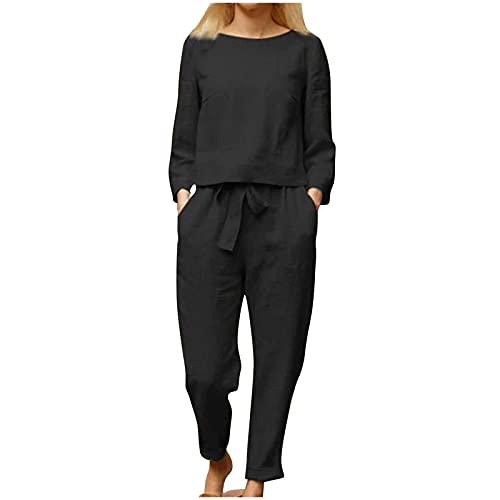 Fulidngzg Jumpsuits Für Damen Leinen Änzuge Hausanzug Suits Streetwear Hosenanzug Locker Loungewear Set Zweiteiler Große Größe Leinenbluse Und Leinenhose Leinenhemd Elegant Overall Freizeitanzug von Fulidngzg