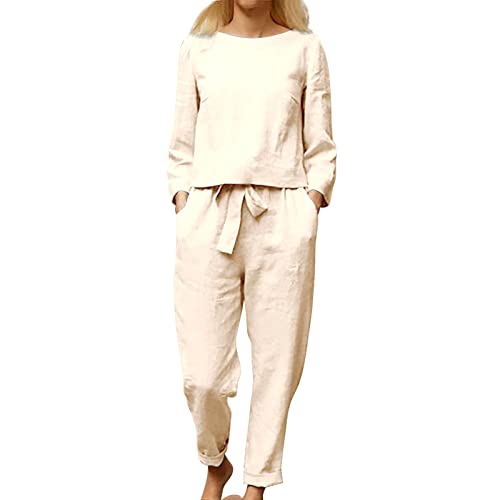 Fulidngzg Jumpsuits Für Damen Leinen Änzuge Hausanzug Suits Streetwear Hosenanzug Locker Loungewear Set Zweiteiler Große Größe Leinenbluse Und Leinenhose Leinenhemd Elegant Overall Freizeitanzug von Fulidngzg