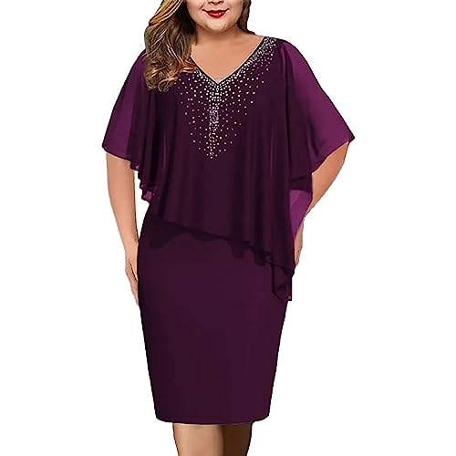 Fulidngzg Kleid Grosse Grössen Damen Festlich Chiffonkleid Festkleider Ab 50 Jahren Bauchweg Midikleid Mollige Cocktailkleid Übergröße Italienische Wickelkleid Plus Size Hochzeit Hochzeitskleider von Fulidngzg