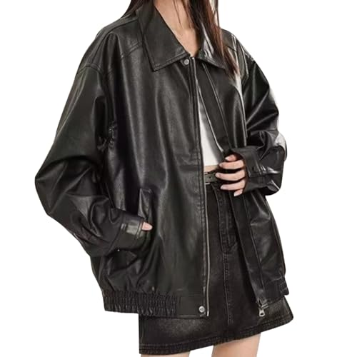 Fulidngzg Kunstlederjacke Damen Oversize Vintage Clothes Bikerjacke Schwarz Teenager Mädchen Bomberjacke Racer Jacke Leather Kurz Lederjacke Military Wildlederjacke Leder Jacke von Fulidngzg