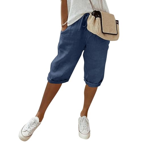 Fulidngzg Leinenhose Damen Sommer Knielang Kurze Hosen Leicht und Luftig Locker Hohe Taille Caprihose Elastisch Einfarbig Strandhose Stoffhose Casual Pants mit Kordelzug von Fulidngzg