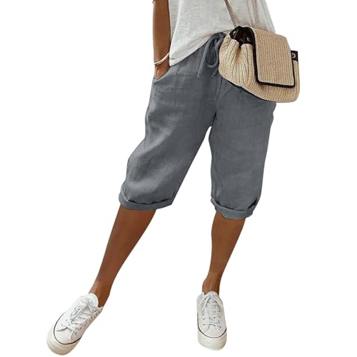 Fulidngzg Leinenhose Damen Sommer Knielang Kurze Hosen Leicht und Luftig Locker Hohe Taille Caprihose Elastisch Einfarbig Strandhose Stoffhose Casual Pants mit Kordelzug von Fulidngzg