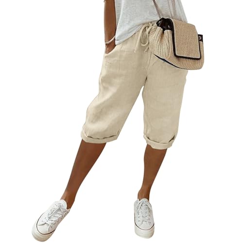 Fulidngzg Leinenhose Damen Sommer Knielang Kurze Hosen Leicht und Luftig Locker Hohe Taille Caprihose Elastisch Einfarbig Strandhose Stoffhose Casual Pants mit Kordelzug von Fulidngzg
