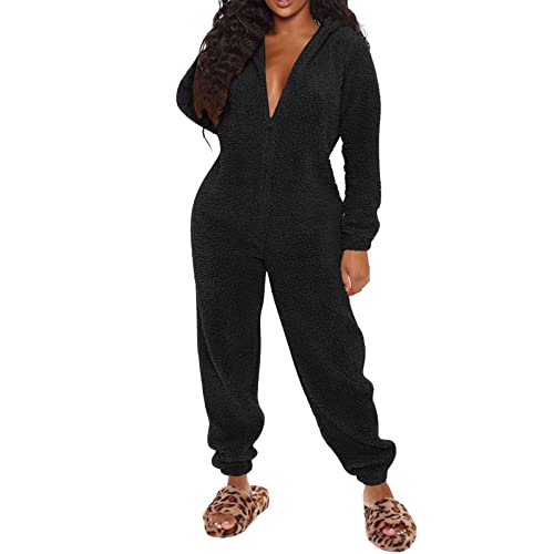 Fulidngzg Kuscheliger Schlafanzug Damen, Kuschelig Onesie Jumpsuit Warm Teddy Hausanzug Schlafoverall Fleece Ganzkörper Winteroverall Kuschelanzug Flauschig Plüsch Overall Kuscheloverall von Fulidngzg