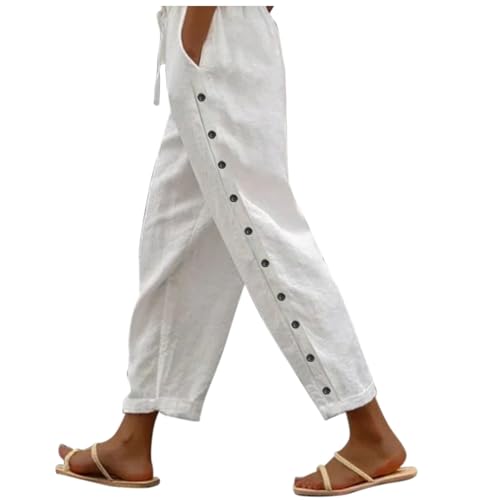 Fulidngzg Leinenhose Damen 7/8 Weiß mit Taschen Sporthose Baumwolle Leinen Stoffhose Lockere Einfarbig Sommerhose Lässig High Waist Strandhose Leicht Freizeithose Elegant Haremshose für Frauen von Fulidngzg