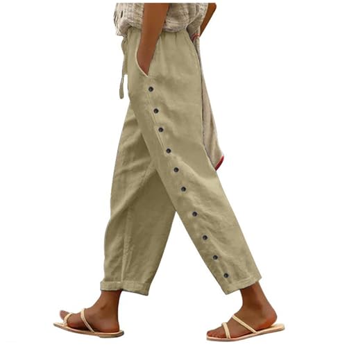 Fulidngzg Leinenhose Damen 7/8 Weiß mit Taschen Sporthose Baumwolle Leinen Stoffhose Lockere Einfarbig Sommerhose Lässig High Waist Strandhose Leicht Freizeithose Elegant Haremshose für Frauen von Fulidngzg