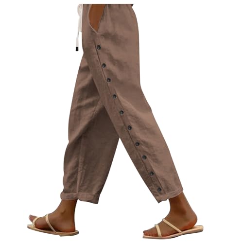 Fulidngzg Leinenhose Damen 7/8 Weiß mit Taschen Sporthose Baumwolle Leinen Stoffhose Lockere Einfarbig Sommerhose Lässig High Waist Strandhose Leicht Freizeithose Elegant Haremshose für Frauen von Fulidngzg