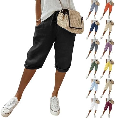 Fulidngzg Leinenhose Damen Sommer Knielang Kurze Hosen Leicht und Luftig Locker Hohe Taille Caprihose Elastisch Einfarbig Strandhose Stoffhose Casual Pants mit Kordelzug von Fulidngzg