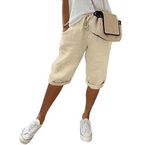Fulidngzg Leinenhose Damen Sommer Knielang Kurze Hosen Leicht und Luftig Locker Hohe Taille Caprihose Elastisch Einfarbig Strandhose Stoffhose Casual Pants mit Kordelzug von Fulidngzg