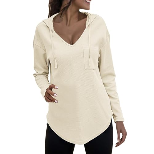 Fulidngzg Longpullover für Damen Langarm Y2K Sweatshirt Pullover mit Kapuze Oversize Kapuzenpullover Longpullover Basic Beige Hoodie Strickpullover 2023 Plus Size Tunika Kapuzenpulli von Fulidngzg