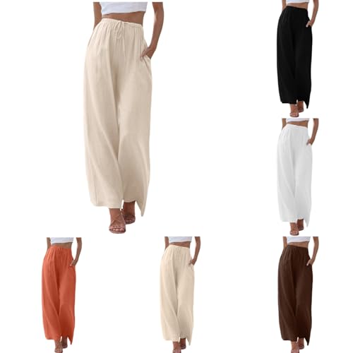 Fulidngzg Sommerhose Damen Leicht Leinen Casual Locker Leinenhose Freizeithose Musselin Palazzo Hose Weite Leg Stoffhose Hohe Taille mit Tunnelzug und Taschen von Fulidngzg