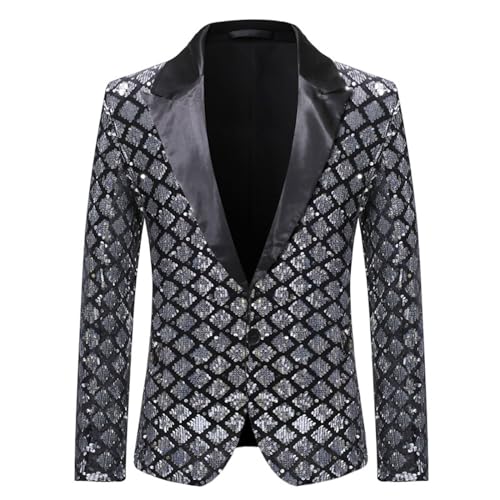 Fulidngzg Pailletten Blazer Herren Silber, Glanz Modern Silvester Outfit Pailletten Blazer Party Schwarz Tuxedo Glitzer Sakko Sportlich Slim Fit Ausgefallene Smoking Glitzer Jacket von Fulidngzg