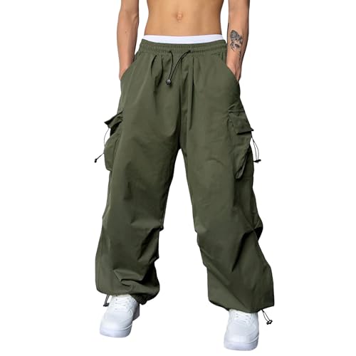 Fulidngzg Parachute Pants Men mit Tunelzug und Seitetaschen Modern Cargohose Schwarz Lange Anglerhose Fallschirmhose Weite Jogger Cargo Hose Arbeitshose Vintage Schlaghose Sweatpants von Fulidngzg
