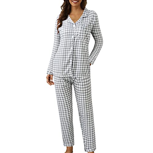 Fulidngzg Pyjama Set Damen, Cute Schlafanzug Nachtwäsche Herbst Winter zum Knöpfen Hausanzug Lounge Große Größen Zweiteiler Freizeitanzug Kuschelig Lang Sexy Karierte Hose von Fulidngzg