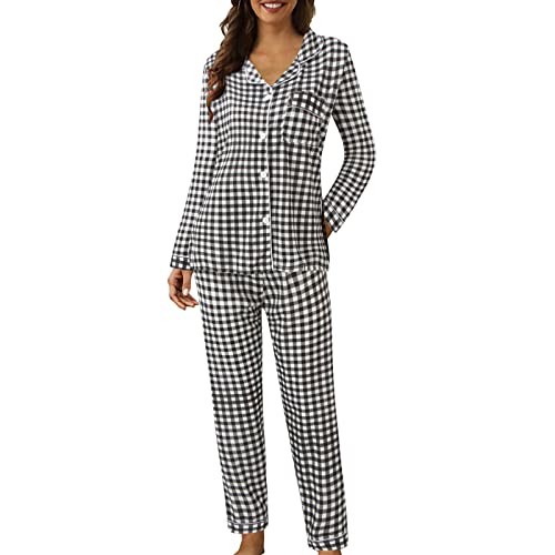 Fulidngzg Pyjama Set Damen, Cute Schlafanzug Nachtwäsche Herbst Winter zum Knöpfen Hausanzug Lounge Große Größen Zweiteiler Freizeitanzug Kuschelig Lang Sexy Karierte Hose von Fulidngzg