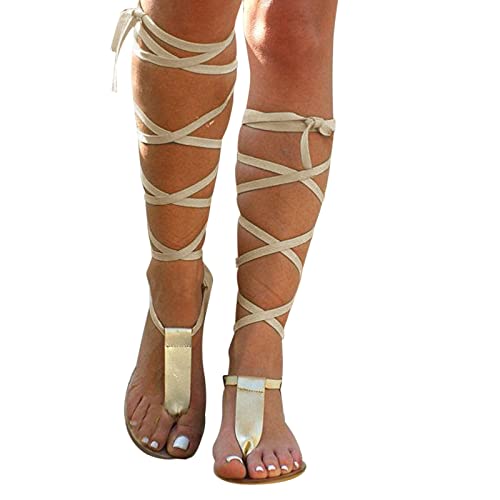 Fulidngzg Römer Sandalen Damen Sommer Hoch Schnüren Leder Boho Schuhe Sandals Strandschuhe Rutschfest Sexy Gladiator Elegant Sandalette Sommerschuhe von Fulidngzg