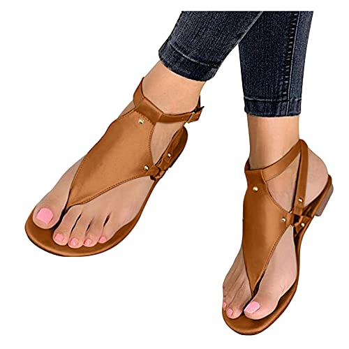 Fulidngzg Römersandalen Damen Leder Retro Bohemia Strand Schuhe Elegant Flach Toe Flip Flops Freizeithose Sommerschuhe Zehentrenner von Fulidngzg