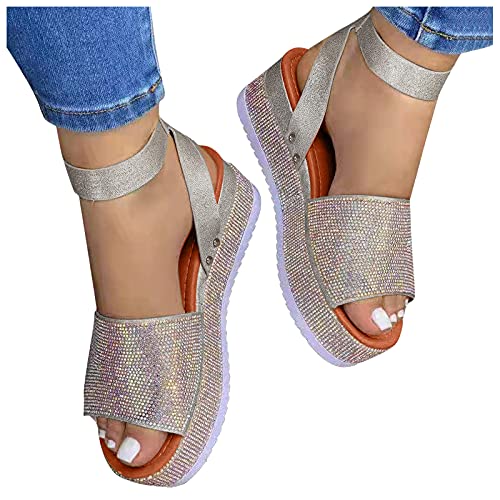 Fulidngzg Sandalen Damen Silber Glitzer Kristall Hochzeit Abendschuhe Elegant Plateau Peeptoe Sandaletten Buckle Sandal Sommerschuhe für Party von Fulidngzg