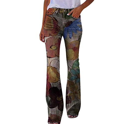 Fulidngzg Schlaghose Damen Jeans Mit Stickerei Gymnastikhose Stoff Sportleggins Palazzo Boho Strandhose Weites Bein Bunt Caprihose High Waist Sporthose Yogahose Jazzpants 70er Freizeithose Sommerhose von Fulidngzg