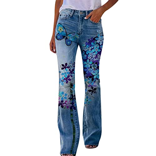 Fulidngzg Schlaghose Damen Jeans Mit Stickerei Gymnastikhose Stoff Sportleggins Palazzo Boho Strandhose Weites Bein Bunt Caprihose High Waist Sporthose Yogahose Jazzpants 70er Freizeithose Sommerhose von Fulidngzg