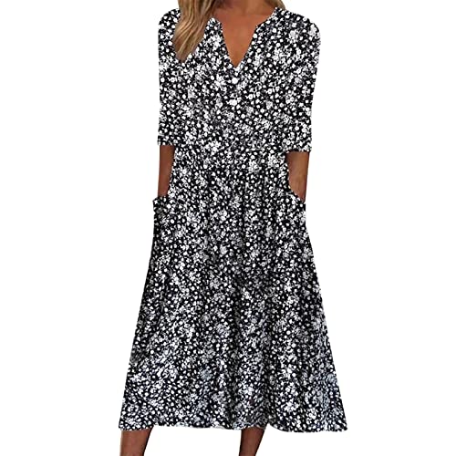 Fulidngzg Sommerkleid Midi Damen: Sommer Plus Size Boho Kleider Elegant 2023 Blumen Sommerkleid Leichte mit Taschen Maxikleid Hochzeitsgast Festlich Kleider mit Ärmeln Tunika Kleid Blusenkleid von Fulidngzg